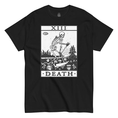 Black Death Tarot Card T-Shirt front view, gothic occult skeleton symbolism design, By strangeandtwisted.com