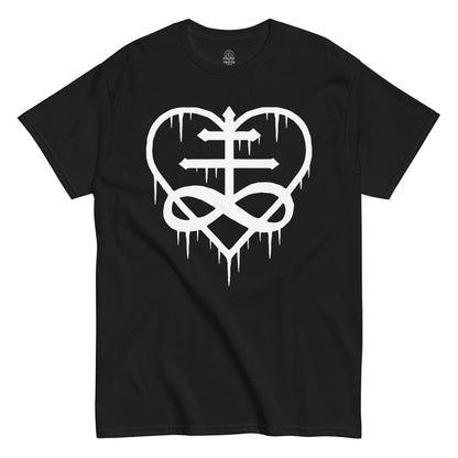 Black Leviathan Cross Love Heart T-Shirt front view, gothic occult symbol design, By strangeandtwisted.com