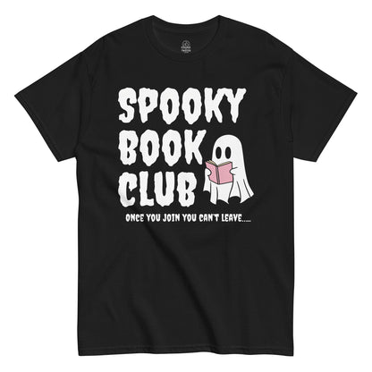 Spooky book club shirt, for horror readers, featuring a cute ghost reading a book, in black