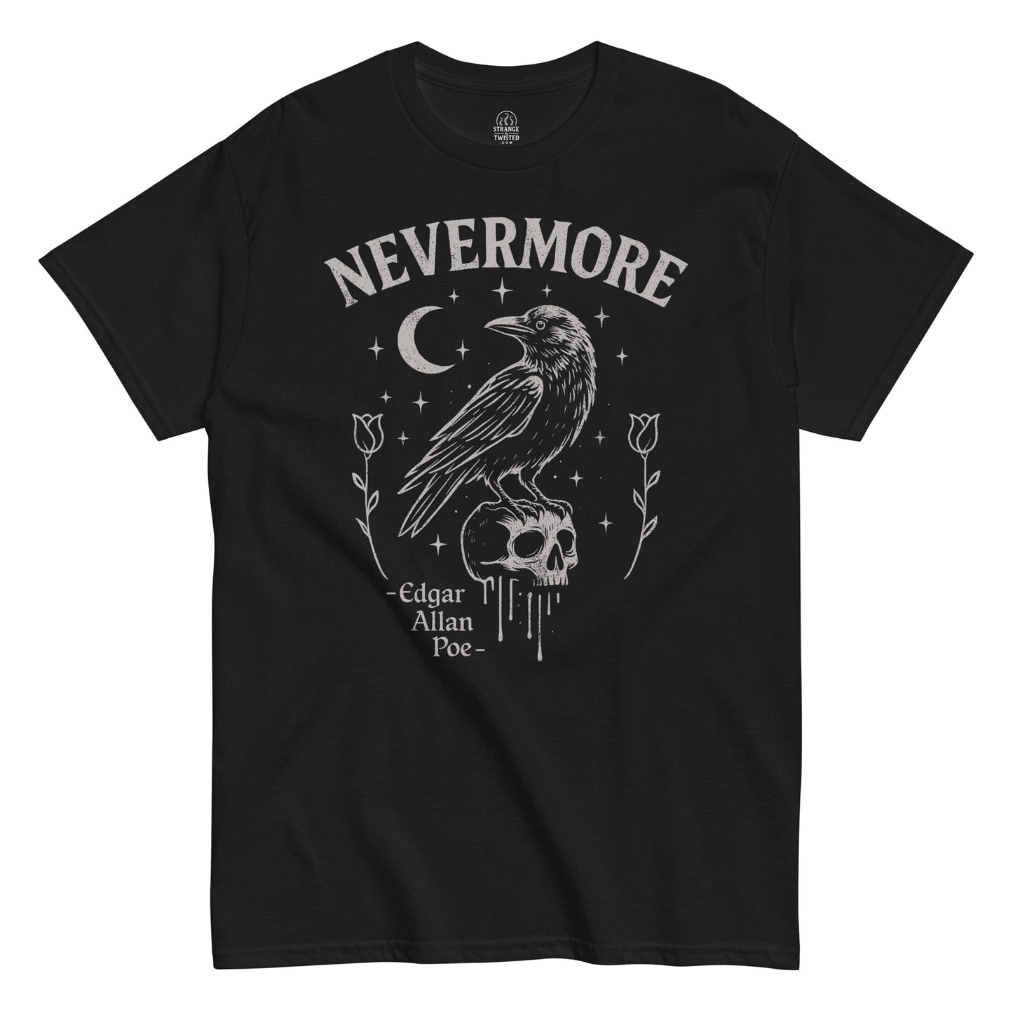 Front view of Edgar Allan Poe nevermore t-shirt in black