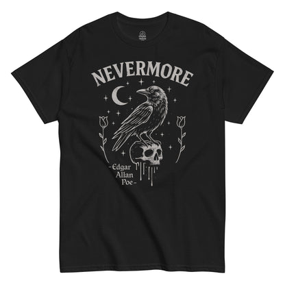 Front view of Edgar Allan Poe nevermore t-shirt in black