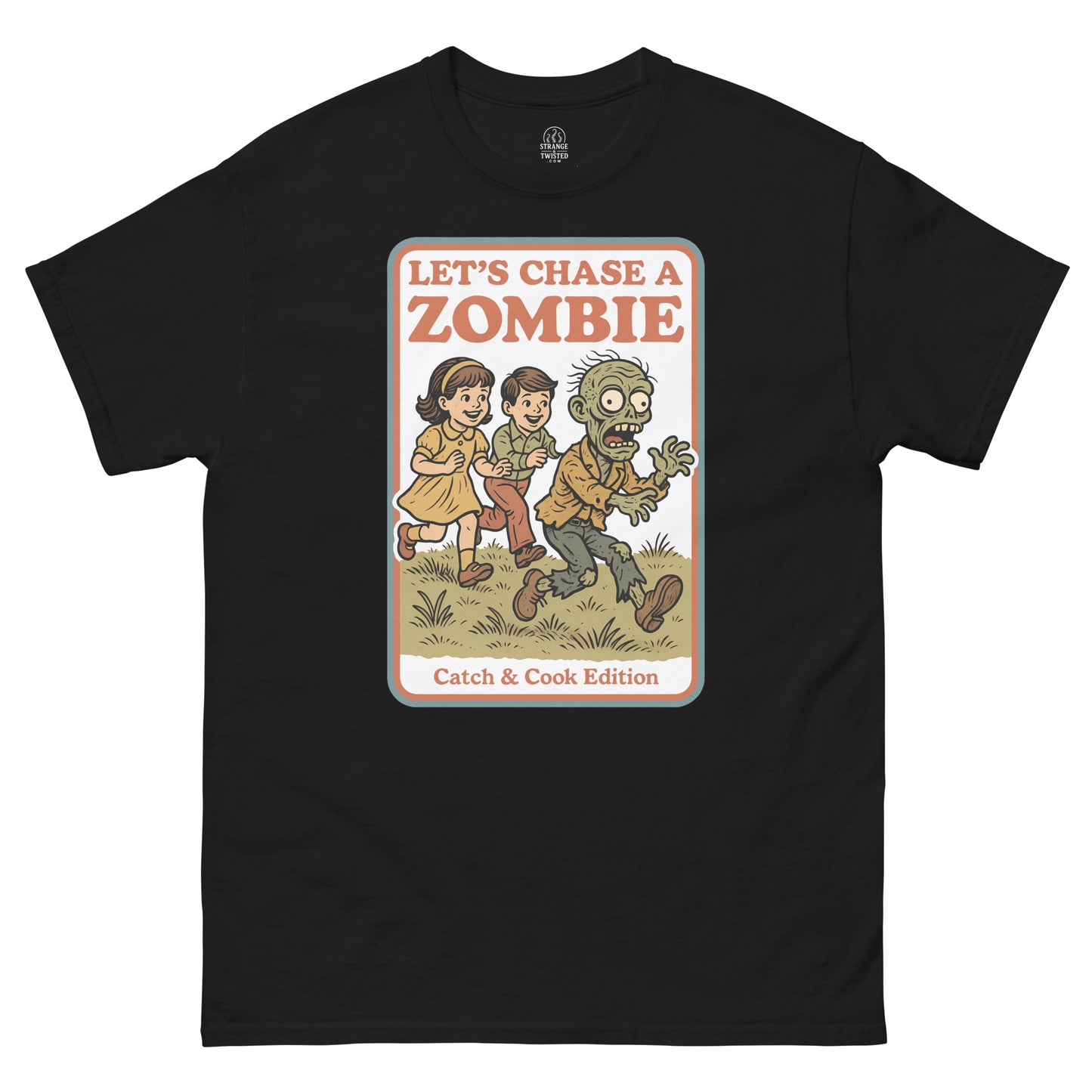 Black Let’s Chase a Zombie T-Shirt front view, retro horror parody design with cartoon zombie, By strangeandtwisted.com