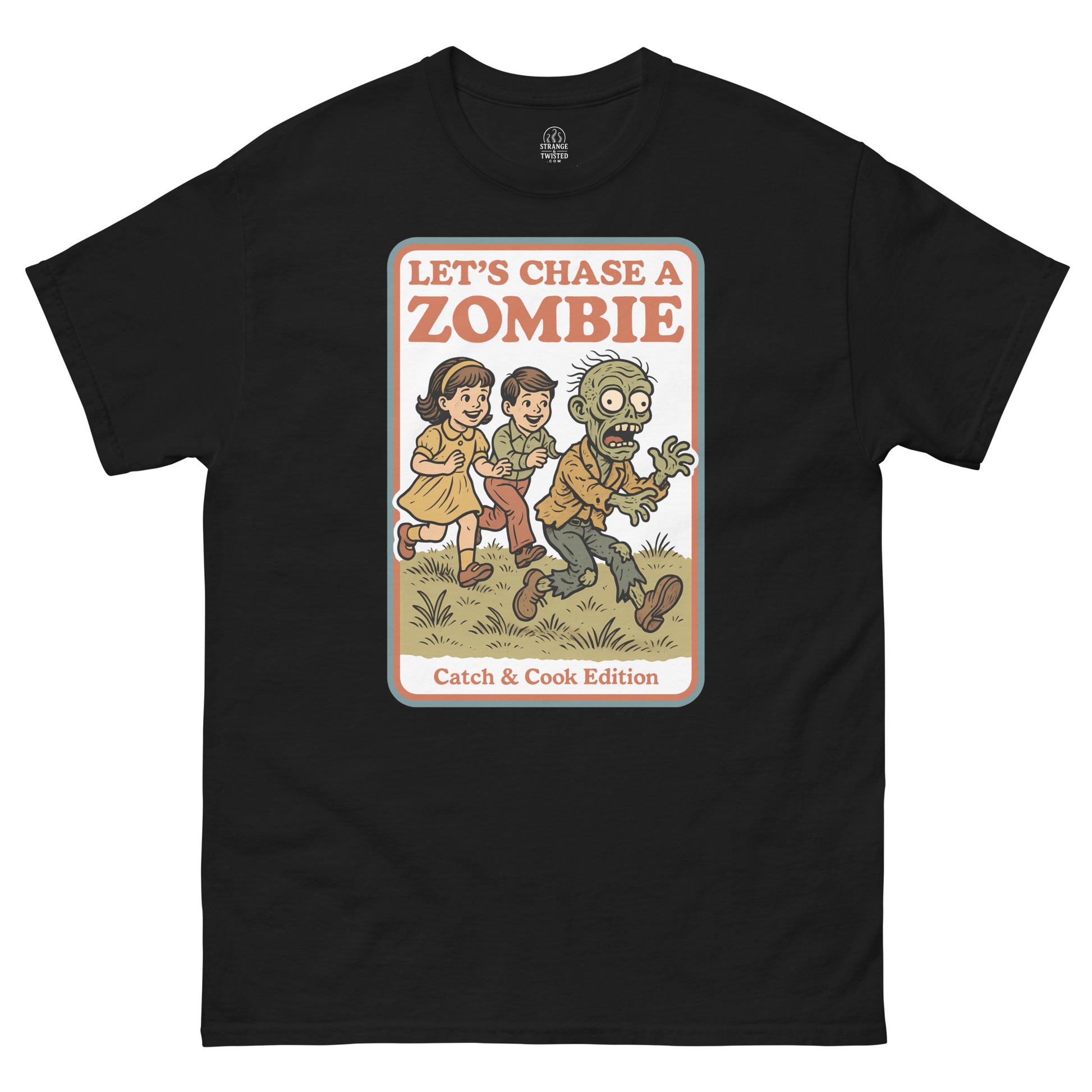 Black Let’s Chase a Zombie T-Shirt front view, retro horror parody design with cartoon zombie, By strangeandtwisted.com