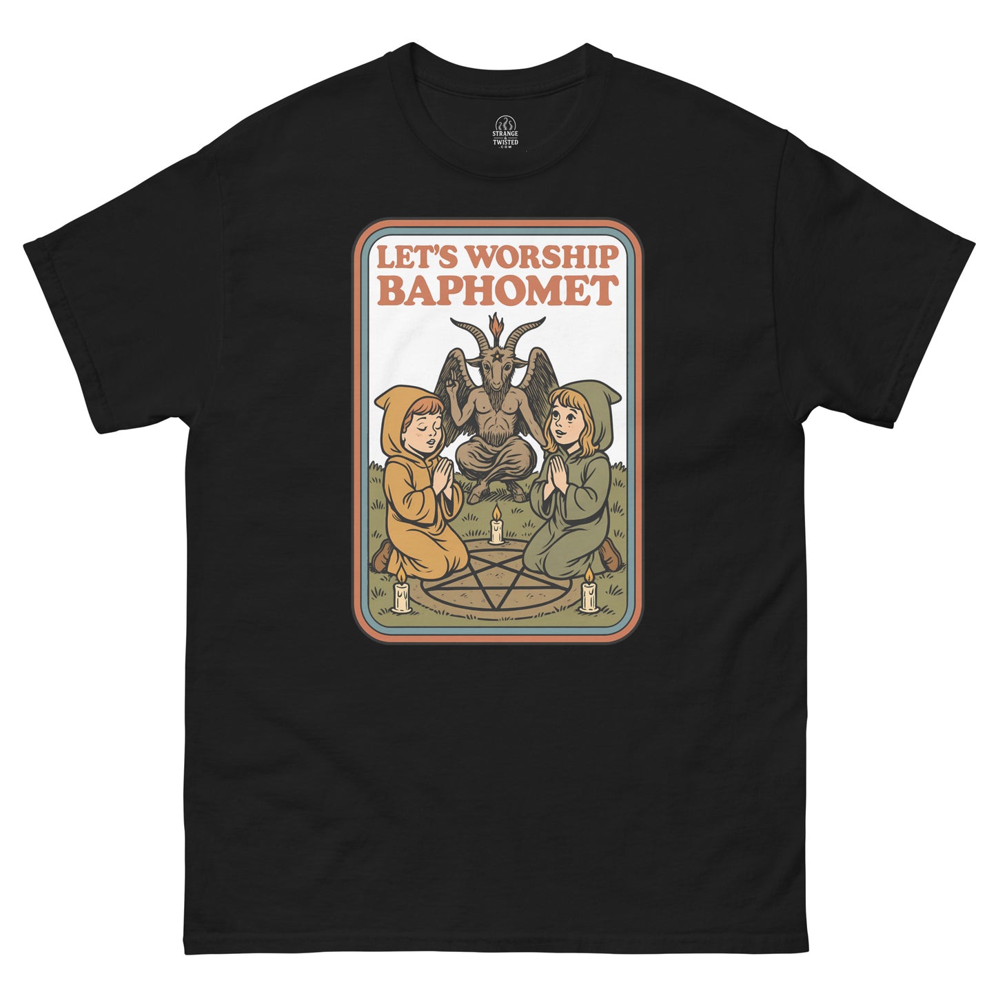 Black Let’s Worship Baphomet T-Shirt front view, retro occult parody design with gothic artwork, By strangeandtwisted.com