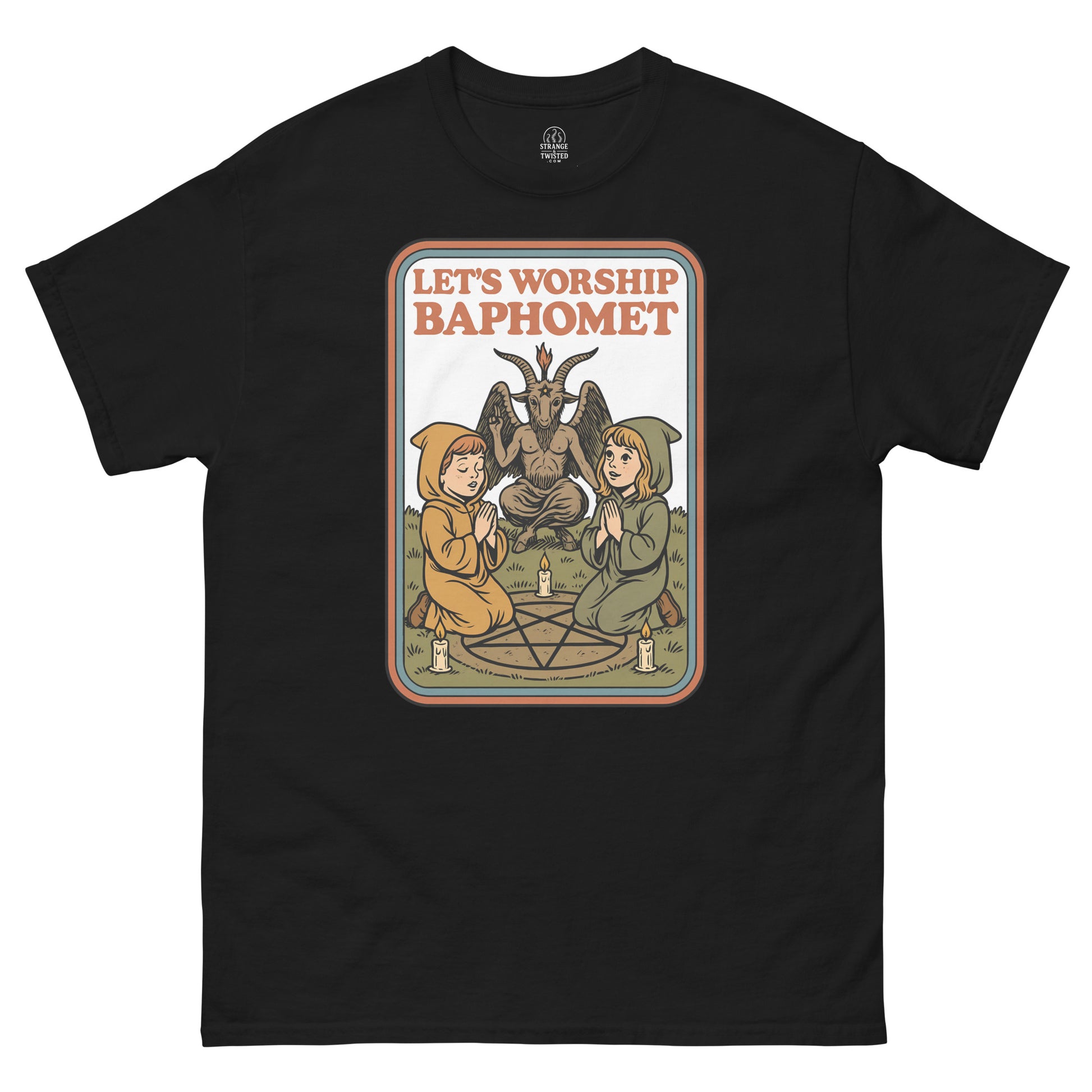 Black Let’s Worship Baphomet T-Shirt front view, retro occult parody design with gothic artwork, By strangeandtwisted.com