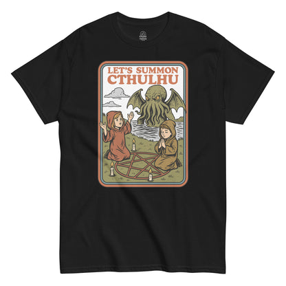 Black Let’s Summon Cthulhu T-Shirt front view, retro Lovecraft parody design with gothic occult artwork, By strangeandtwisted.com