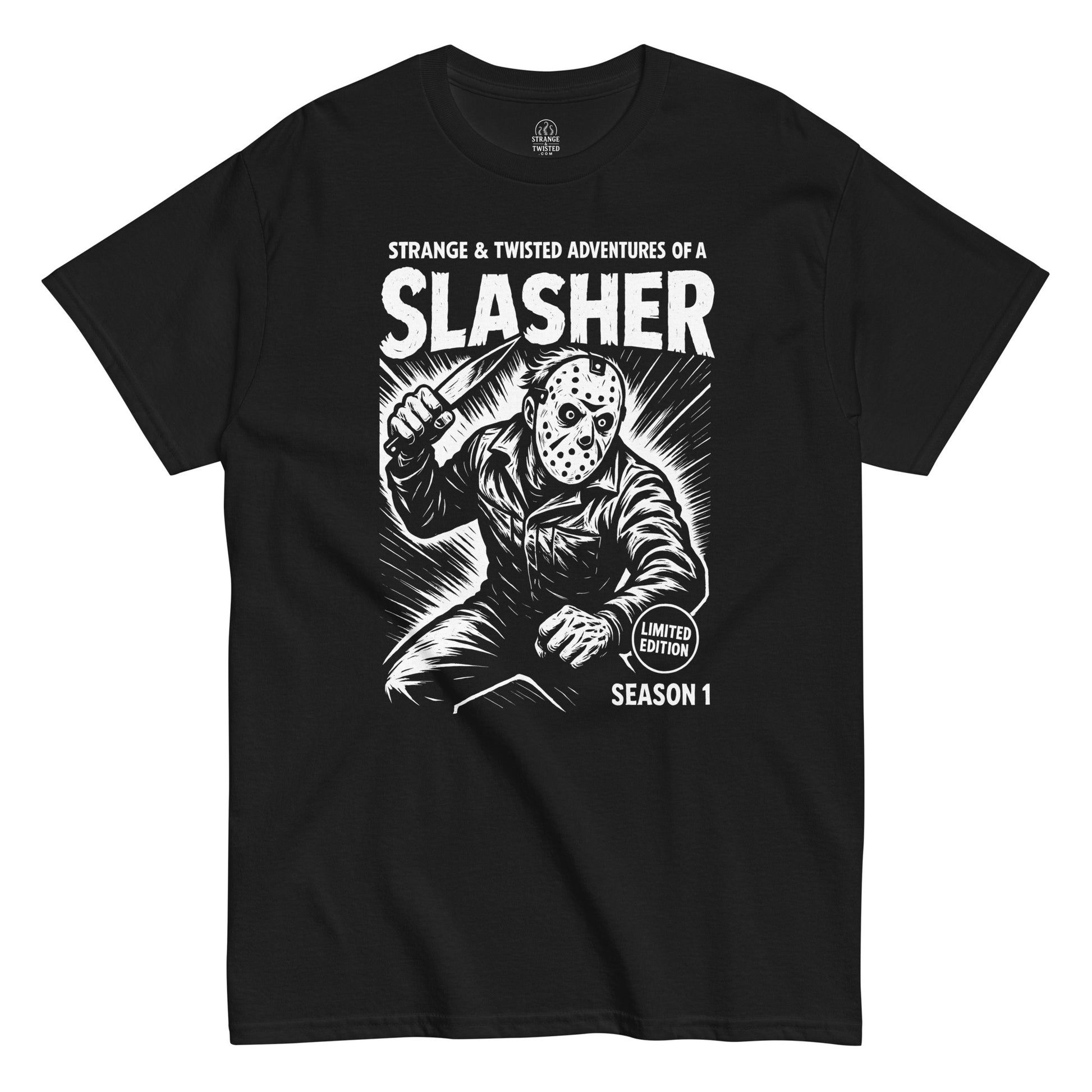 Strange & Twisted black T-shirt with slasher horror comic parody design featuring masked horror movie villain
