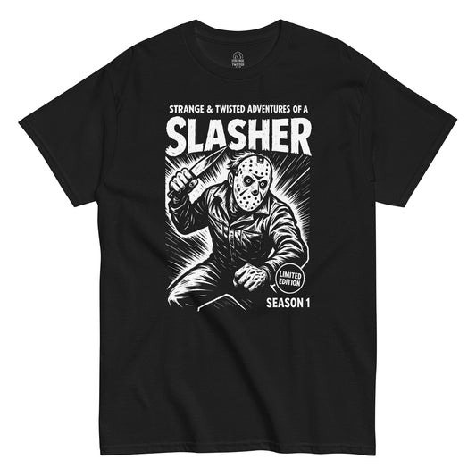 Strange & Twisted black T-shirt with slasher horror comic parody design featuring masked horror movie villain