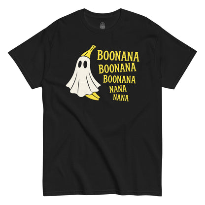 Strange & Twisted black T-shirt featuring Boonana ghost parody design with yellow text and spooky banana ghost