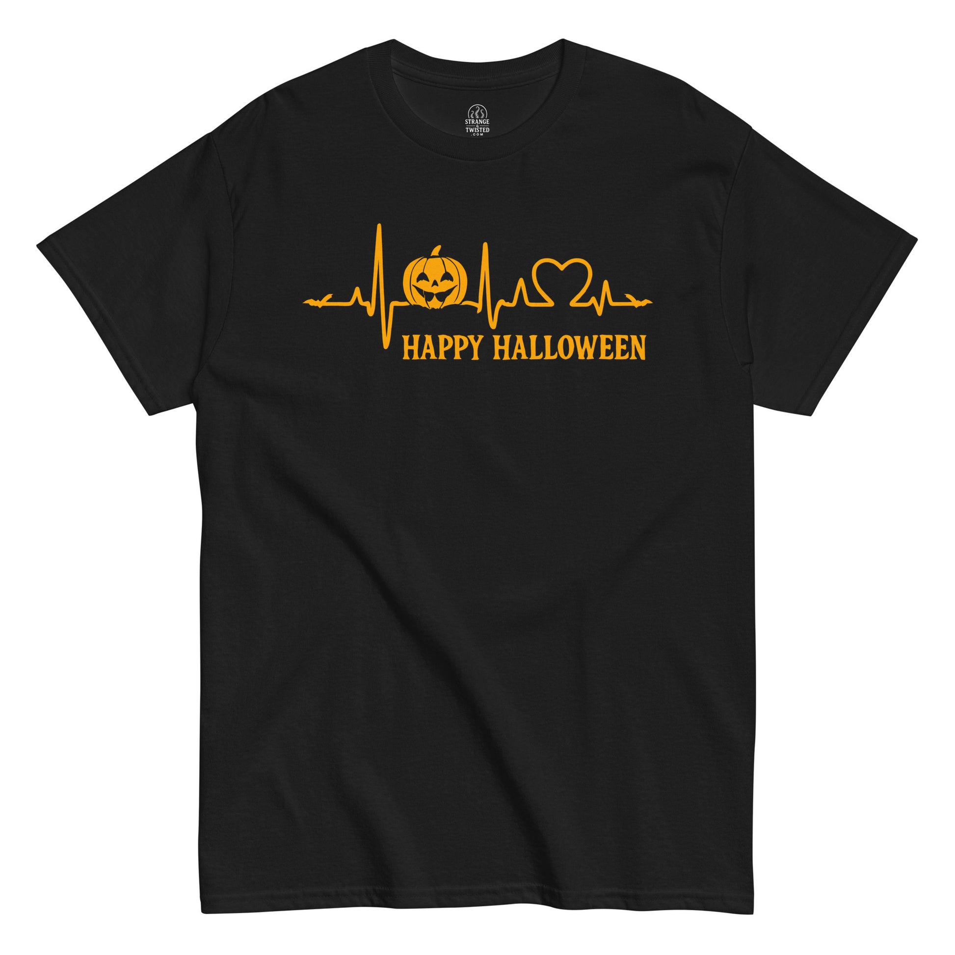 Strange & Twisted black T-shirt featuring Happy Halloween heartbeat design with jack-o’-lantern and bats