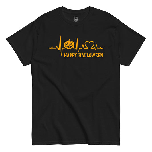 Strange & Twisted black T-shirt featuring Happy Halloween heartbeat design with jack-o’-lantern and bats