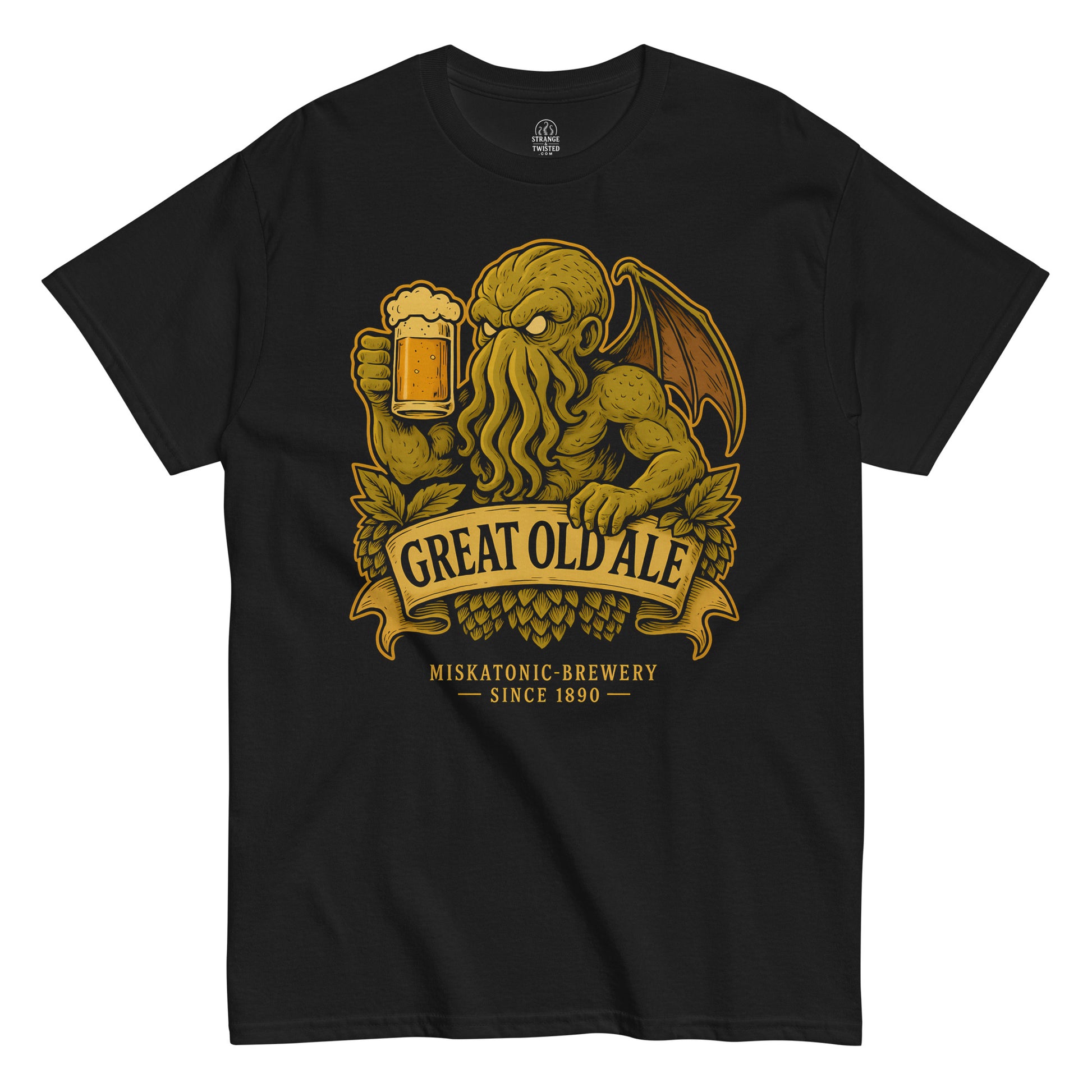 Strange & Twisted black T-shirt featuring Great Old Ale parody design with Cthulhu holding a beer