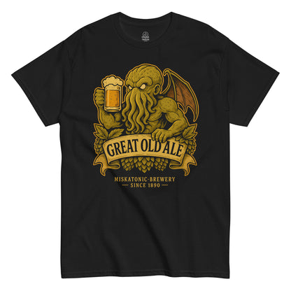 Strange & Twisted black T-shirt featuring Great Old Ale parody design with Cthulhu holding a beer