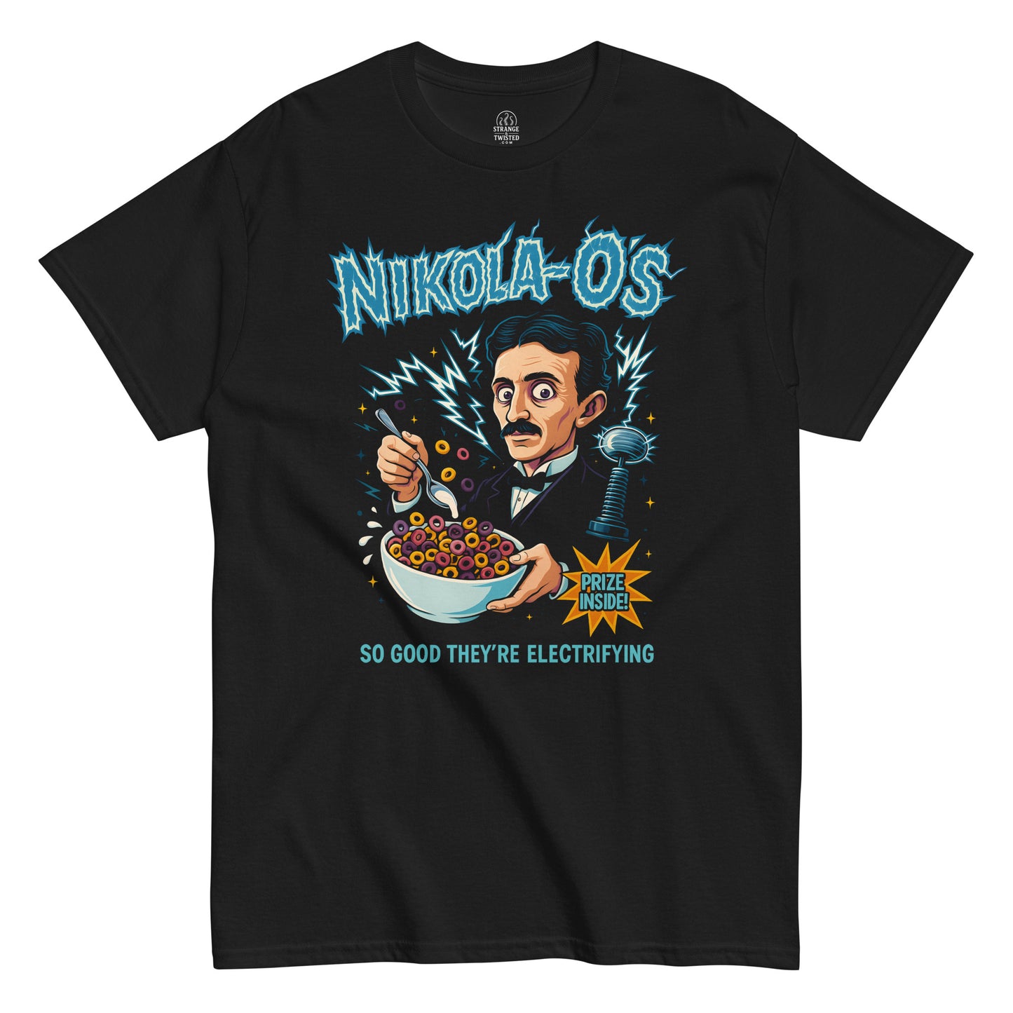 Strange & Twisted black T-shirt featuring Nikola Tesla cereal parody design with lightning and retro box style
