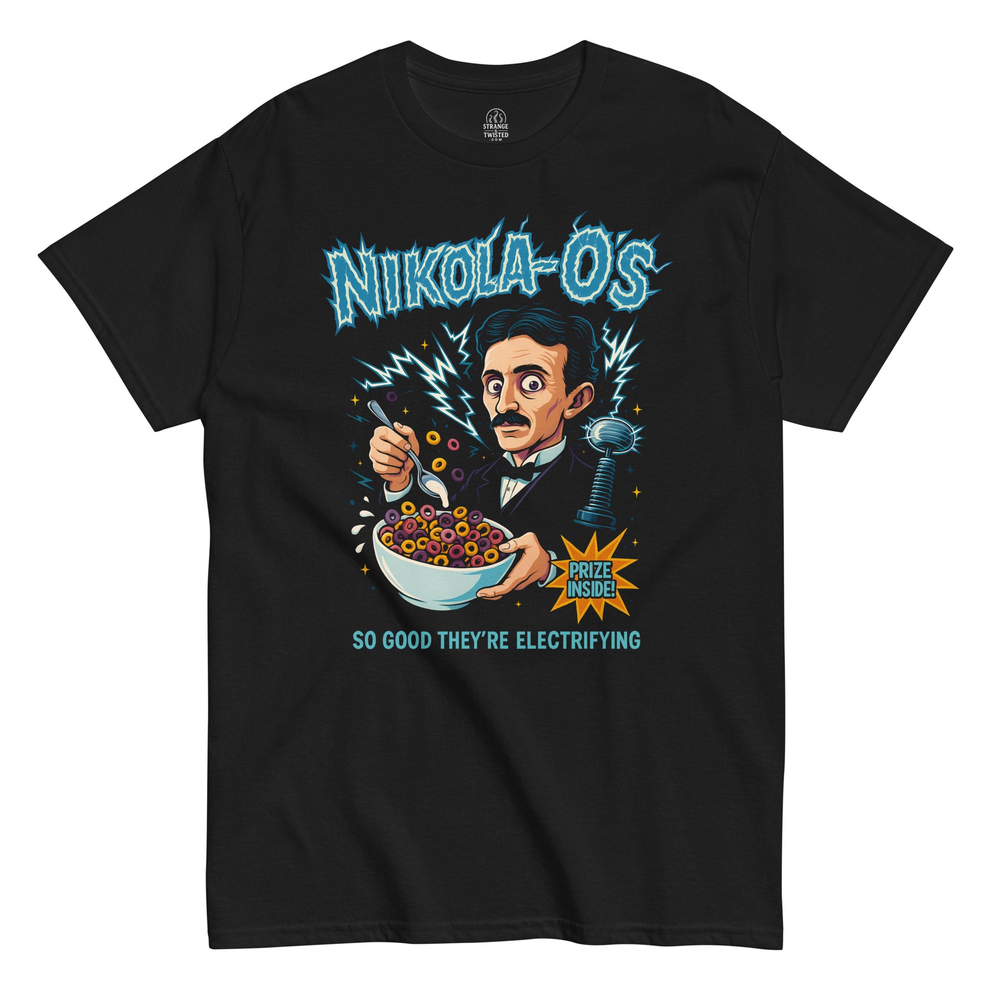Strange & Twisted black T-shirt featuring Nikola Tesla cereal parody design with lightning and retro box style