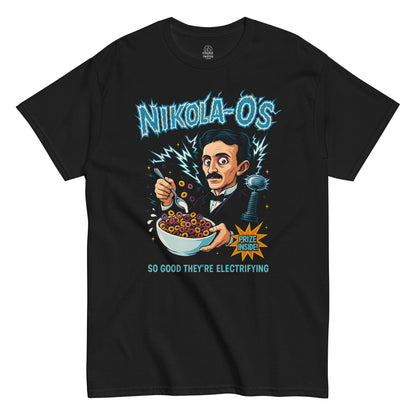 Strange & Twisted black T-shirt featuring Nikola Tesla cereal parody design with lightning and retro box style