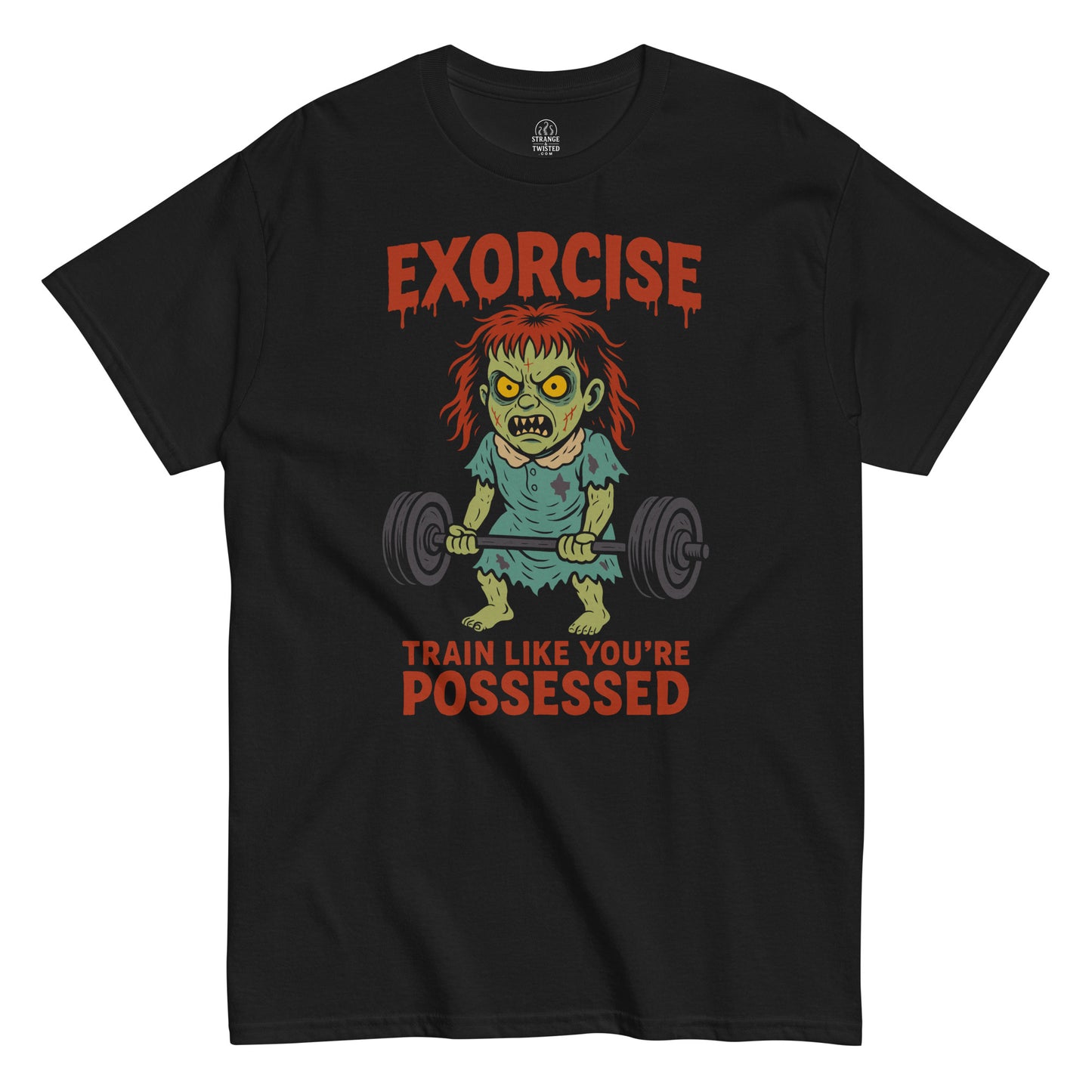 Strange & Twisted black T-shirt featuring Exorcise parody design with possessed girl lifting weights