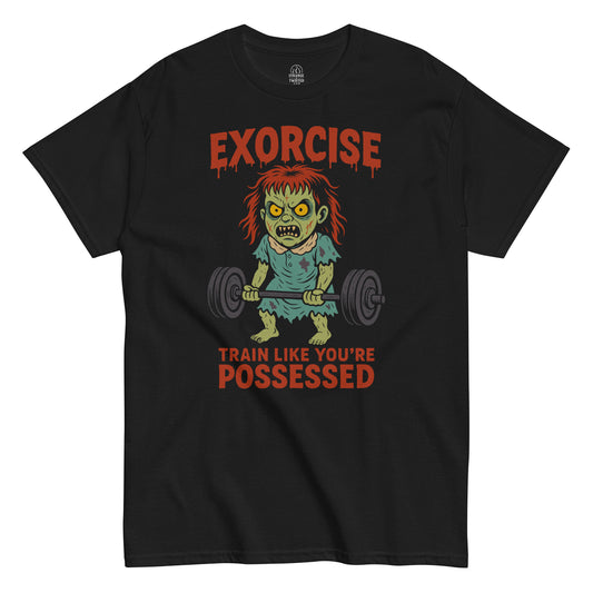 Strange & Twisted black T-shirt featuring Exorcise parody design with possessed girl lifting weights