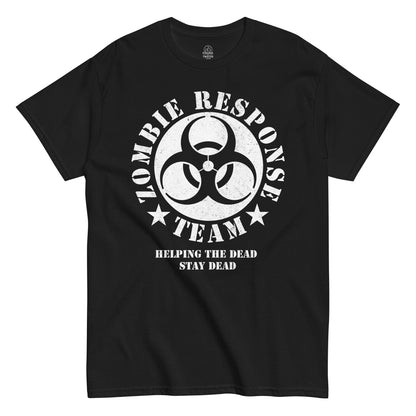 Strange & Twisted black T-shirt with Zombie Response Team parody biohazard emblem and survival slogan