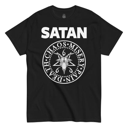 Strange & Twisted black T-shirt with satanic parody design featuring Baphomet inside pentagram