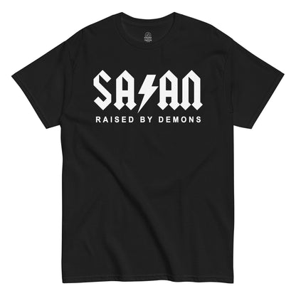 Strange & Twisted black T-shirt with Satan Raised By Demons parody design in gothic lettering with lightning bolt