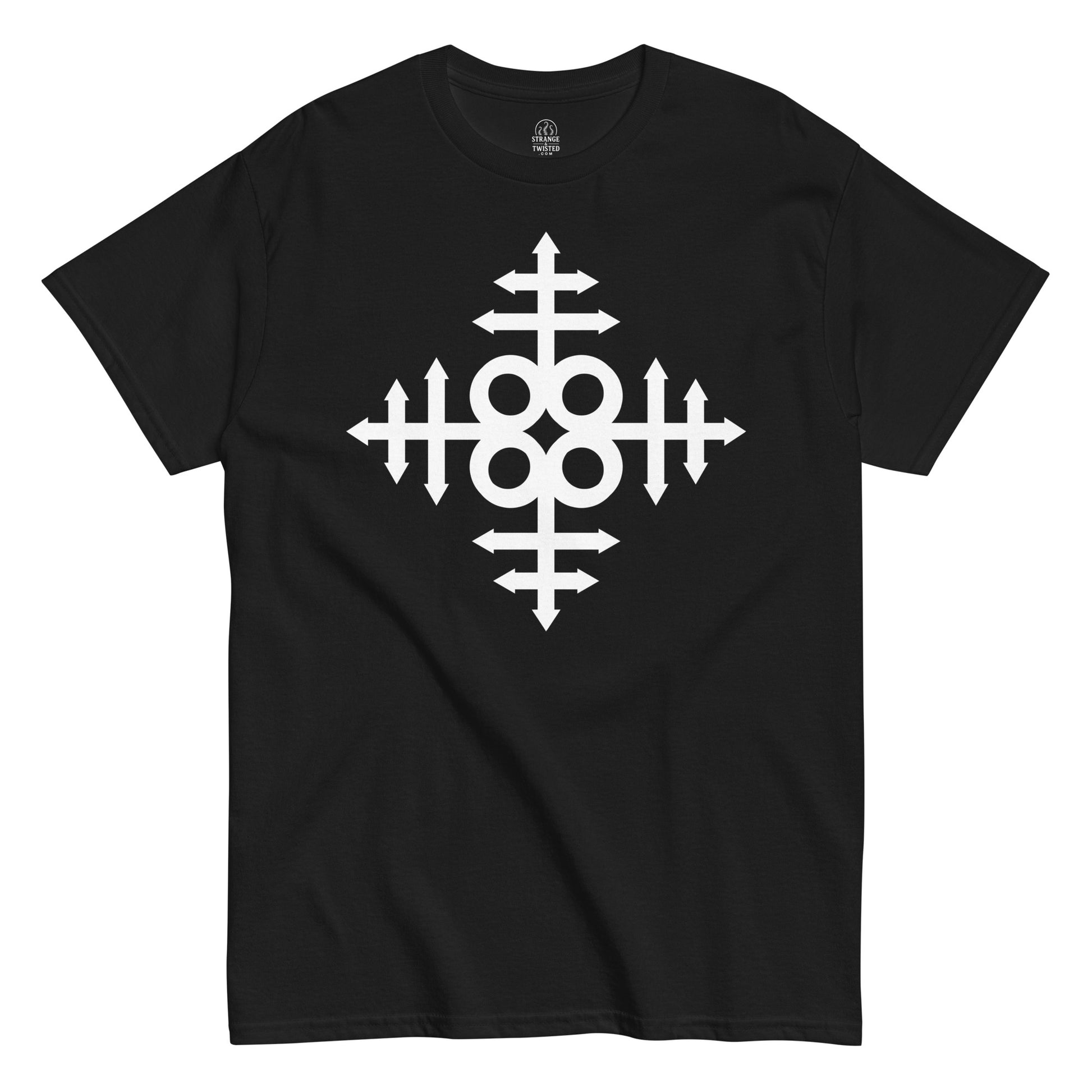 Strange & Twisted black T-shirt featuring Leviathan Cross occult symbol with infinity loop and double cross