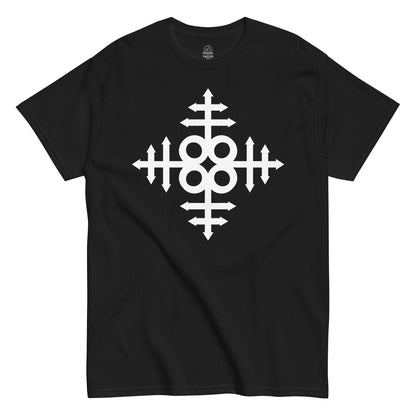 Strange & Twisted black T-shirt featuring Leviathan Cross occult symbol with infinity loop and double cross
