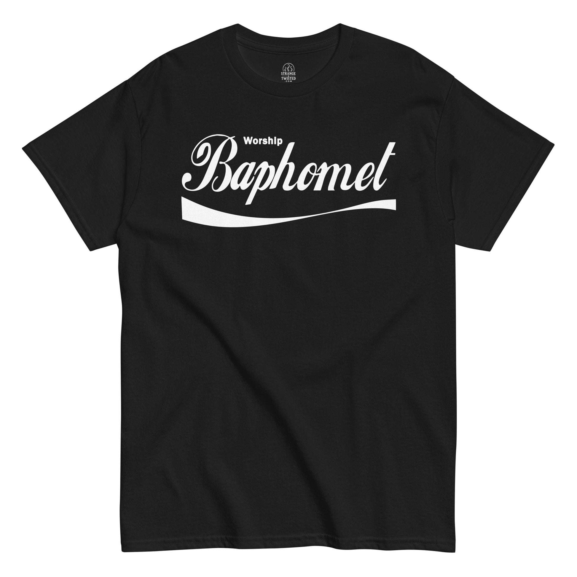 Strange And Twisted black T-shirt featuring Worship Baphomet parody text logo in bold gothic style