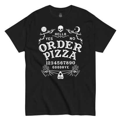 Strange & Twisted black T-shirt featuring Order Pizza Ouija Board parody design with spirit board details