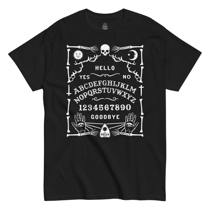 Strange & Twisted black T-shirt featuring Ouija Board occult design with letters, numbers, and planchette