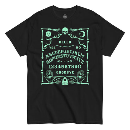 Strange & Twisted black T-shirt with Ouija Board design in mint green print featuring skeleton hands, letters, and planchette