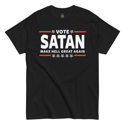 Strange & Twisted black T-shirt with Vote Satan parody design reading Make Hell Great Again in gothic political style