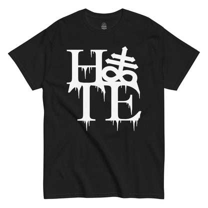 Strange & Twisted black T-shirt with Hate text featuring Leviathan Cross symbol in dripping gothic style