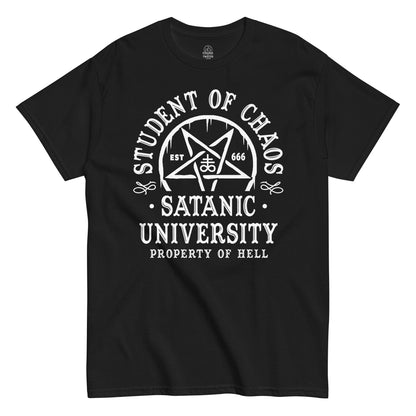 Strange & Twisted black T-shirt with Satanic University parody design featuring pentagram and Leviathan Cross symbol