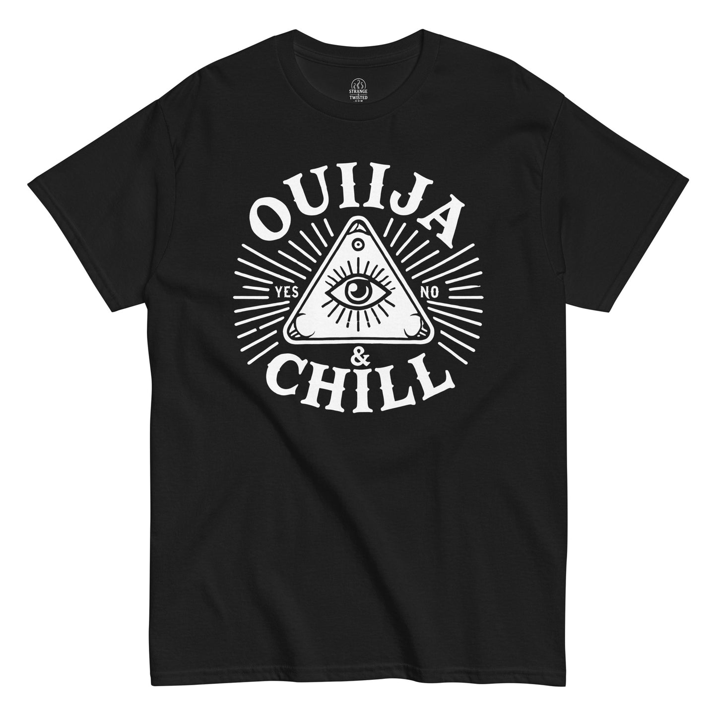 Black Ouija and Chill T-shirt with planchette eye and radiant rays in occult parody style