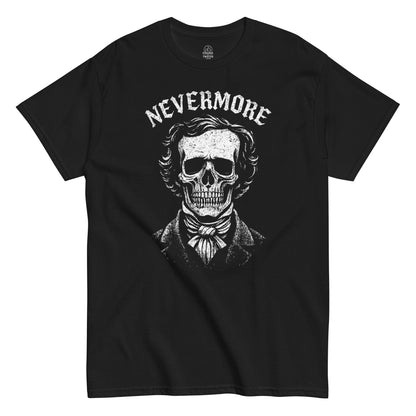 Black Nevermore T-Shirt front view, gothic Edgar Allan Poe skull horror design, By Strange And Twisted Apparel