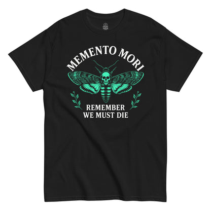 Front black Memento Mori Stoicism T-shirt with death’s-head moth and Latin quote design Strange And Twisted