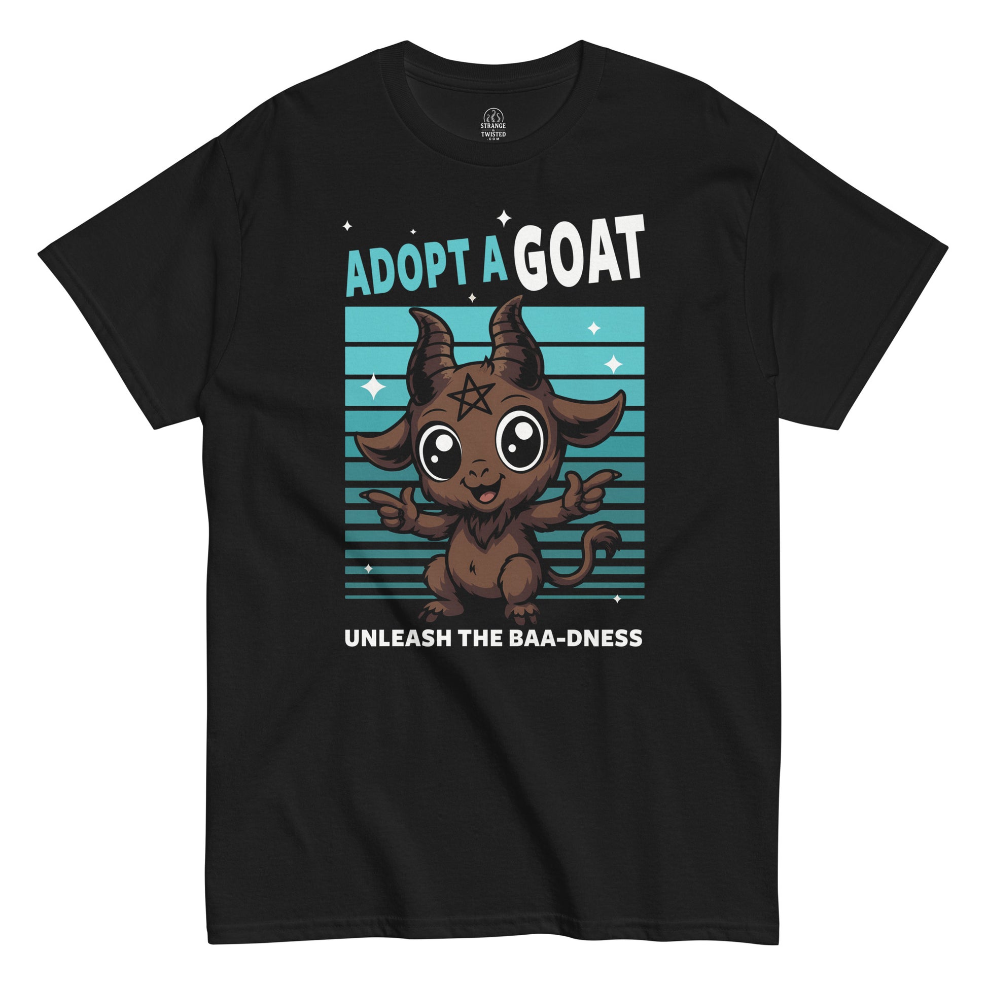 Front view Adopt a Goat Cute Baphomet T-Shirt black Strange And Twisted