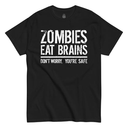Front black Zombies Eat Brains funny zombie horror T-shirt by Strange And Twisted