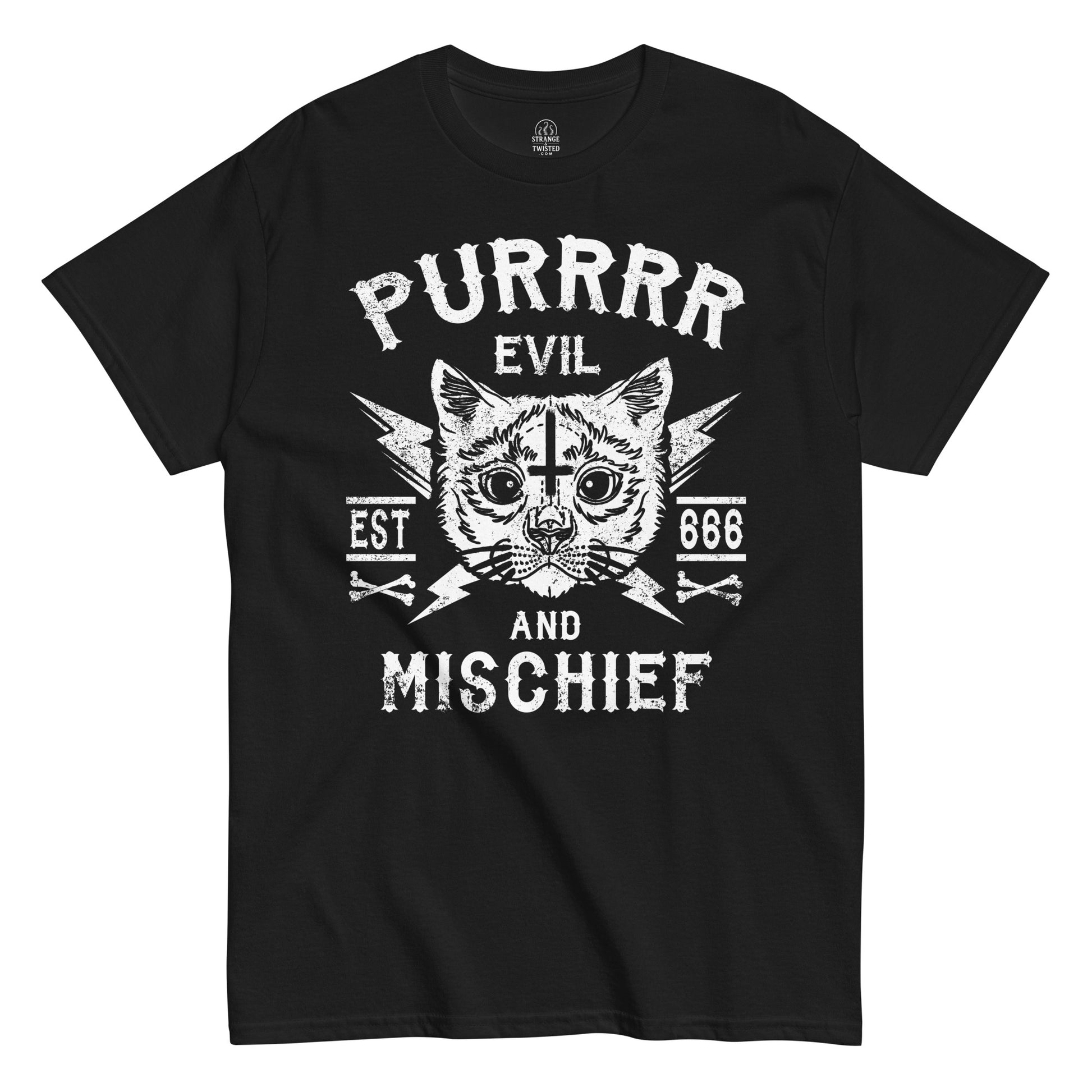 Distressed Purrr Evil And Mischief Cat T-Shirt black | StrangeAndTwisted