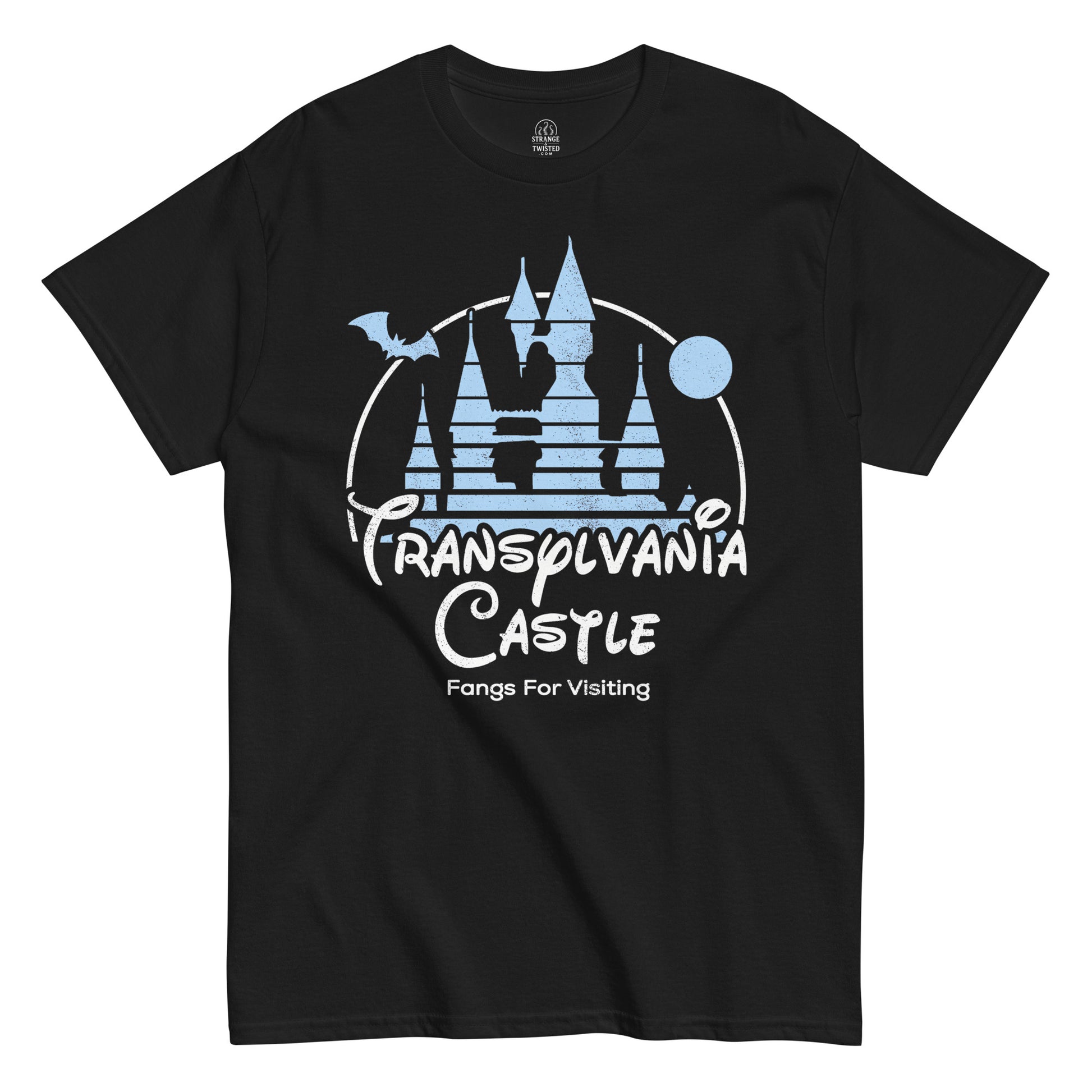 Front view Transylvania Castle Dracula Vampire Parody T-Shirt black Strange & Twisted