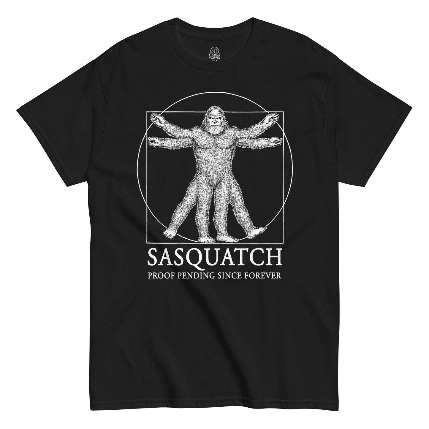 Front view black Sasquatch Vitruvian Man T-Shirt cryptid parody StrangeAndTwisted