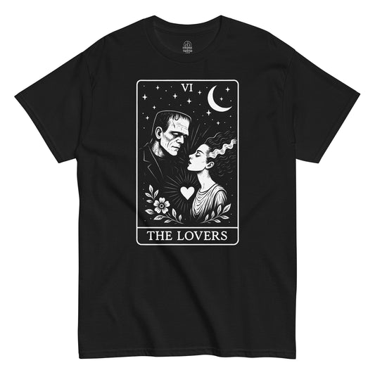 Front black Frankenstein Lovers Tarot Card T-shirt – StrangeAndTwisted