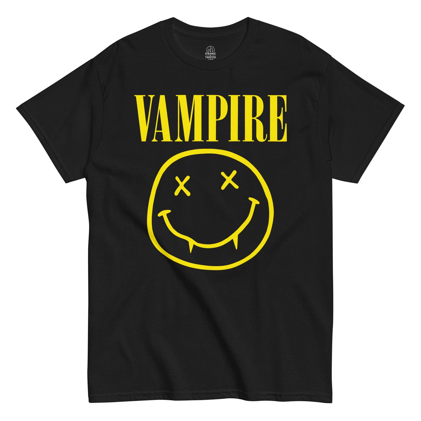Black Vampire Smiley Face T-Shirt with yellow fang smiley graphic – Strange And Twisted