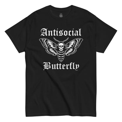 Front black Antisocial Butterfly skull moth gothic humor T-shirt Strange And Twisted