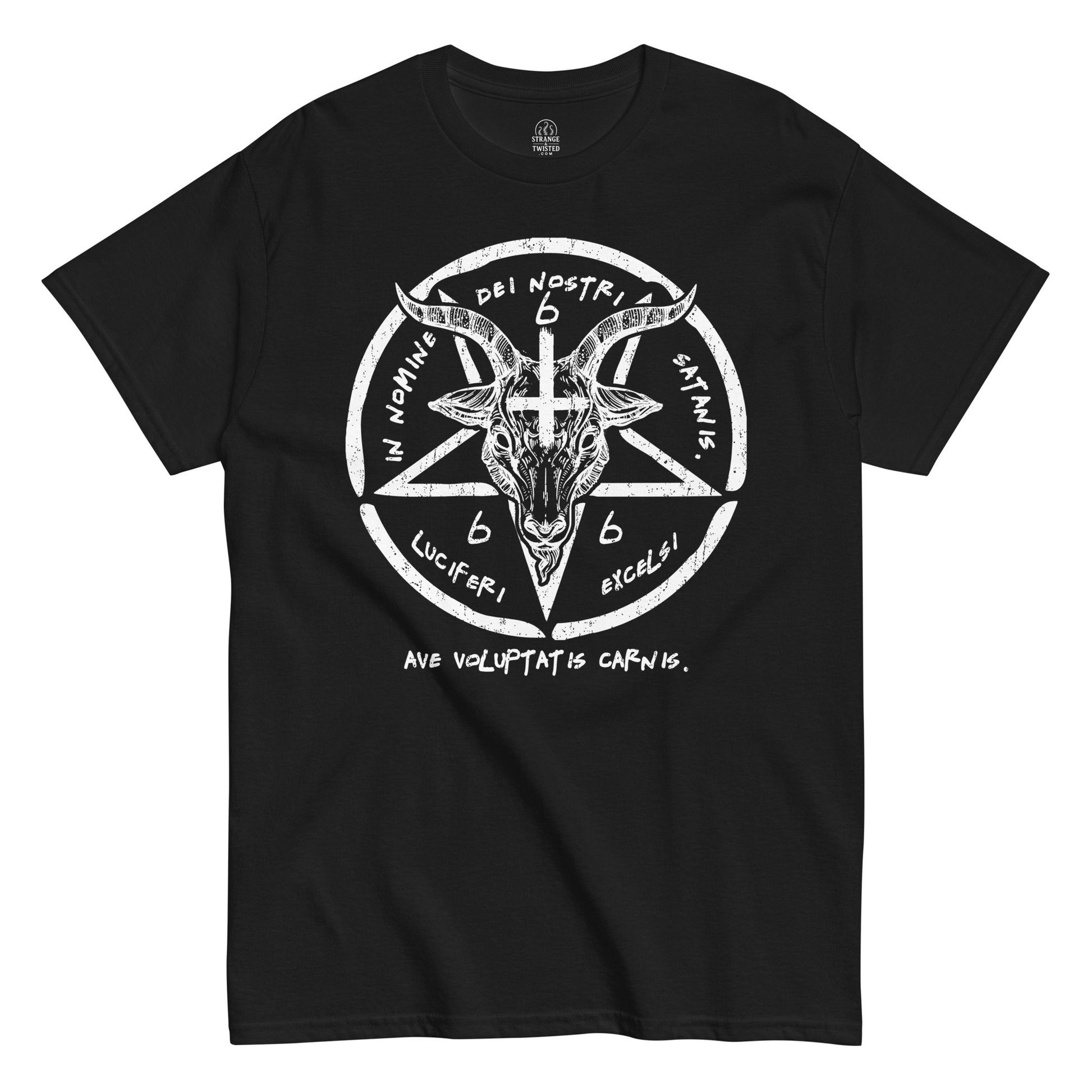 Front black Baphomet goat skull occult pentagram T-shirt Strange And Twisted