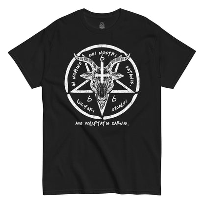 Front black Baphomet goat skull occult pentagram T-shirt Strange And Twisted
