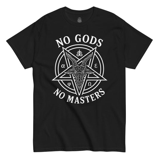 Front of black No Gods No Masters gothic Baphomet T-shirt
