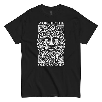 Front design of pagan Green Man worship T-shirt in black, Spirit of the Forest print