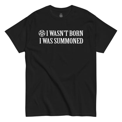 Front design of black occult gothic T-shirt with pentagram and witchy slogan